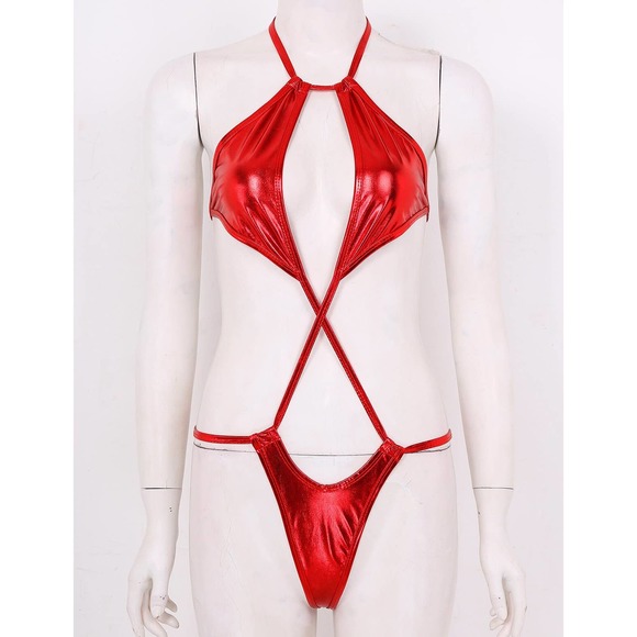 One Piece Sexy Swimsuit Metallic Red Micro Bikini - Picture 2 of 5